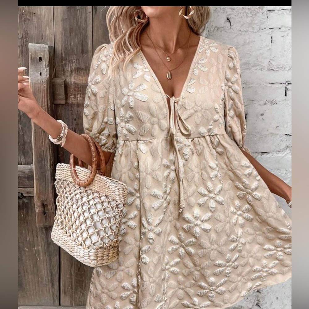 Size L Women Floral Jacquard Tie Front Short Puff Sleeve Babydoll Dress